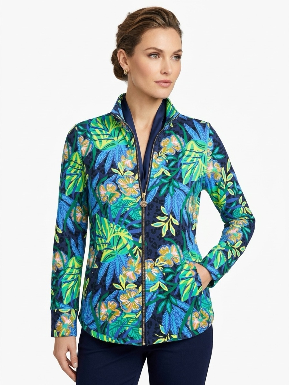 Lilly Pulitzer UPF 50+ Leona Zip-Up Jacket Luxe Terry Tropical Navy Green S